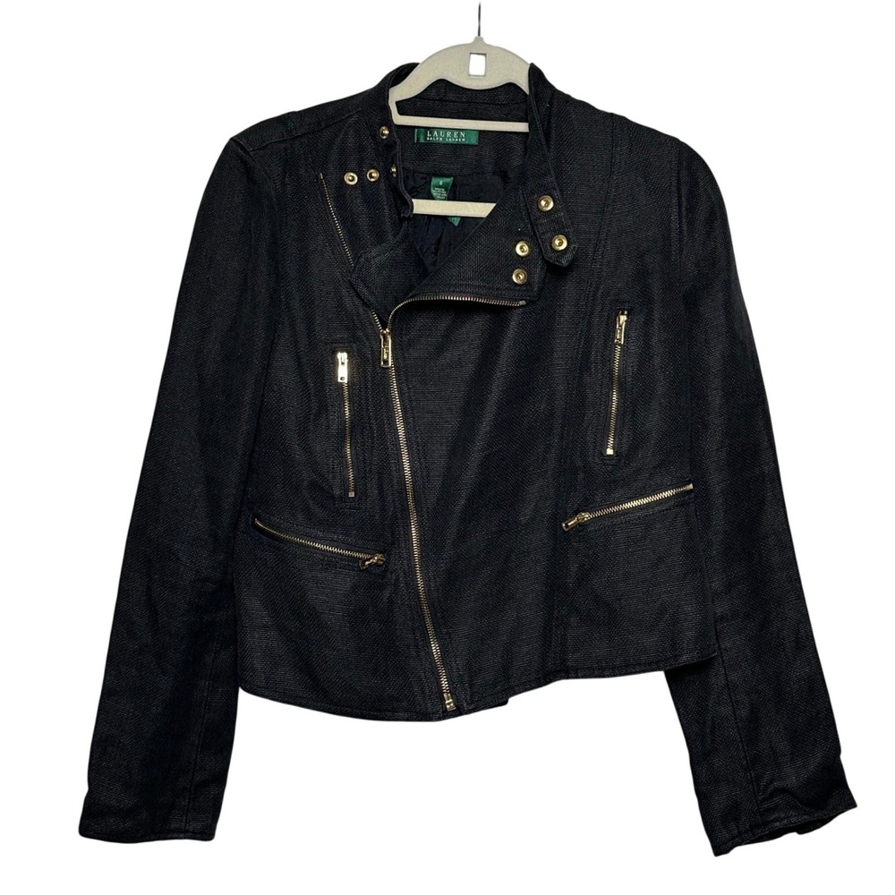 Lauren Ralph Lauren Womens Black 100% Linen Moto Jacket Size 6 Edgy Classic
